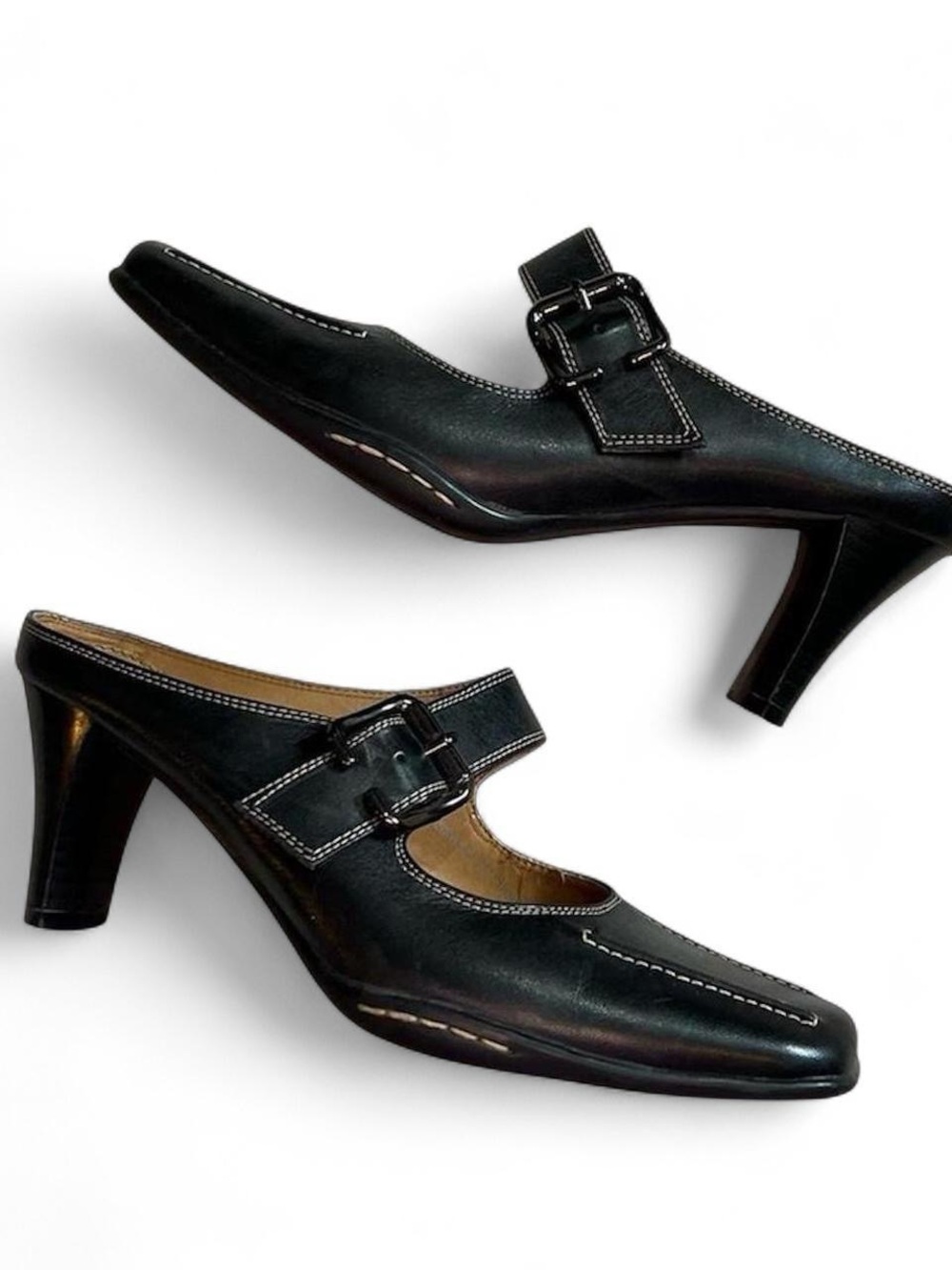 Vintage Genuine Leather Black Square Toe Buckle Loafer Heels